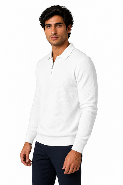 Ventorino Men's Polo Sweater Jacquard Knit Half Zip | Ventorino in White — model three-quarter view