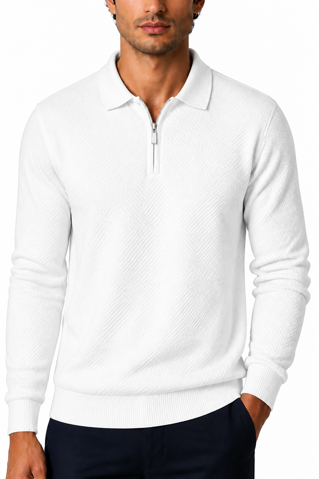 Ventorino Men's Polo Sweater Jacquard Knit Half Zip | Ventorino in White — garment and fabric detail