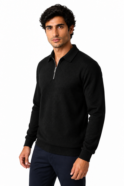 Ventorino Men's Polo Sweater Jacquard Knit Half Zip | Ventorino in Black — model three-quarter view