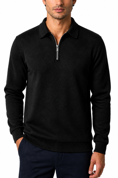 Ventorino Men's Polo Sweater Jacquard Knit Half Zip | Ventorino in Black — garment and fabric detail