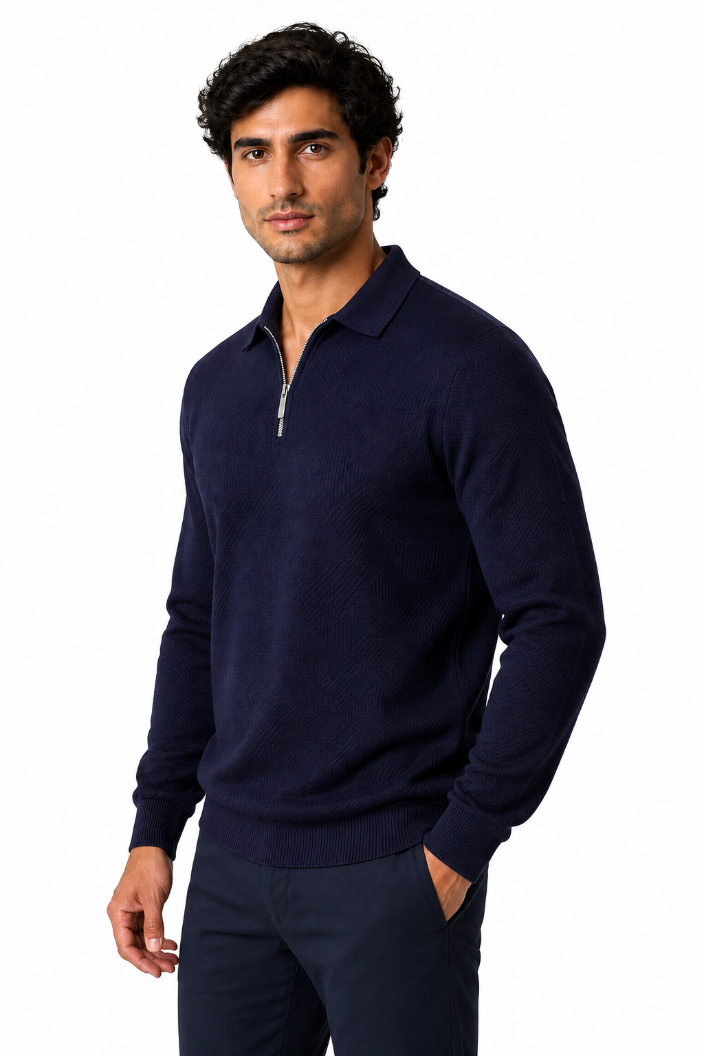 Ventorino Men's Polo Sweater Jacquard Knit Half Zip | Ventorino in Navy Blue — model three-quarter view