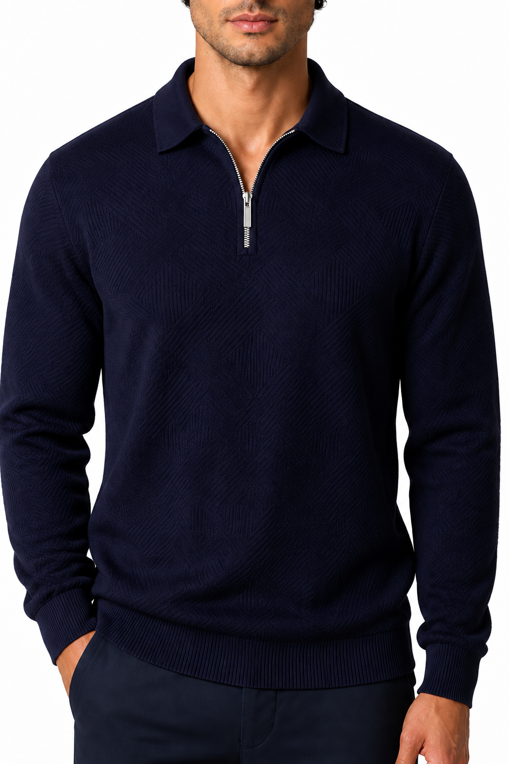 Ventorino Men's Polo Sweater Jacquard Knit Half Zip | Ventorino in Navy Blue — garment and fabric detail