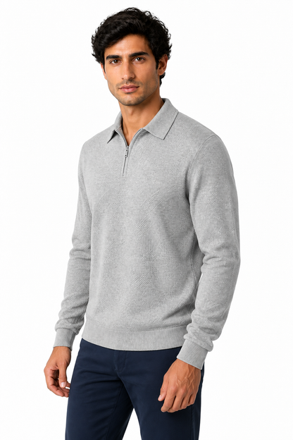 Ventorino Men's Polo Sweater Jacquard Knit Half Zip | Ventorino in Light Gray — model three-quarter view