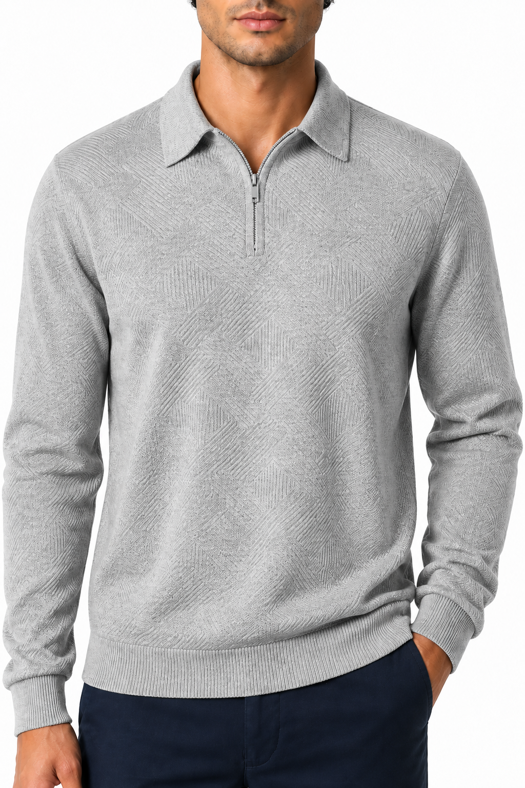 Ventorino Men's Polo Sweater Jacquard Knit Half Zip | Ventorino in Light Gray — garment and fabric detail
