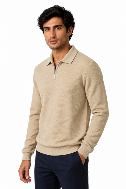Ventorino Men's Polo Sweater Jacquard Knit Half Zip | Ventorino in Khaki — model three-quarter view