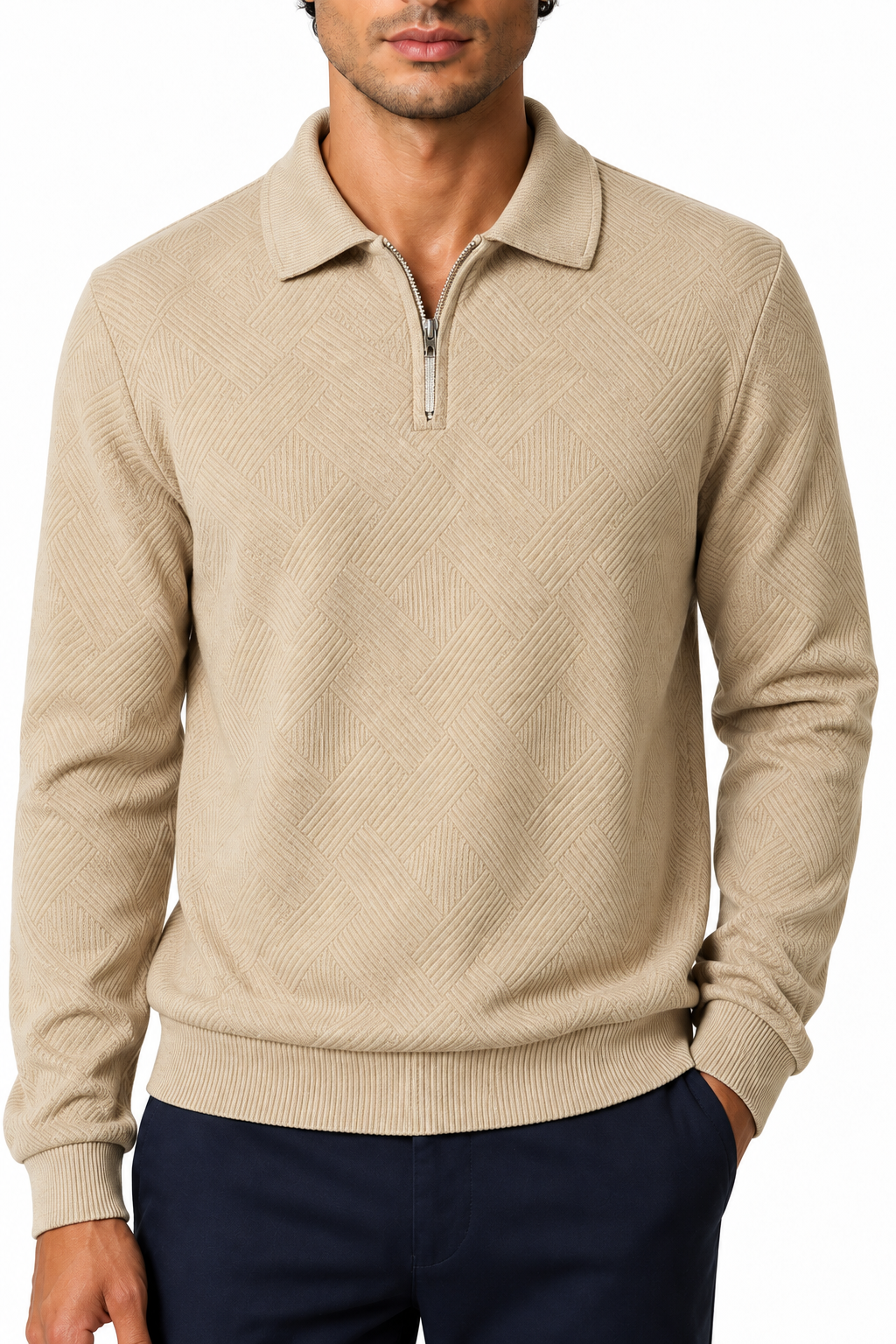 Ventorino Men's Polo Sweater Jacquard Knit Half Zip | Ventorino in Khaki — garment and fabric detail