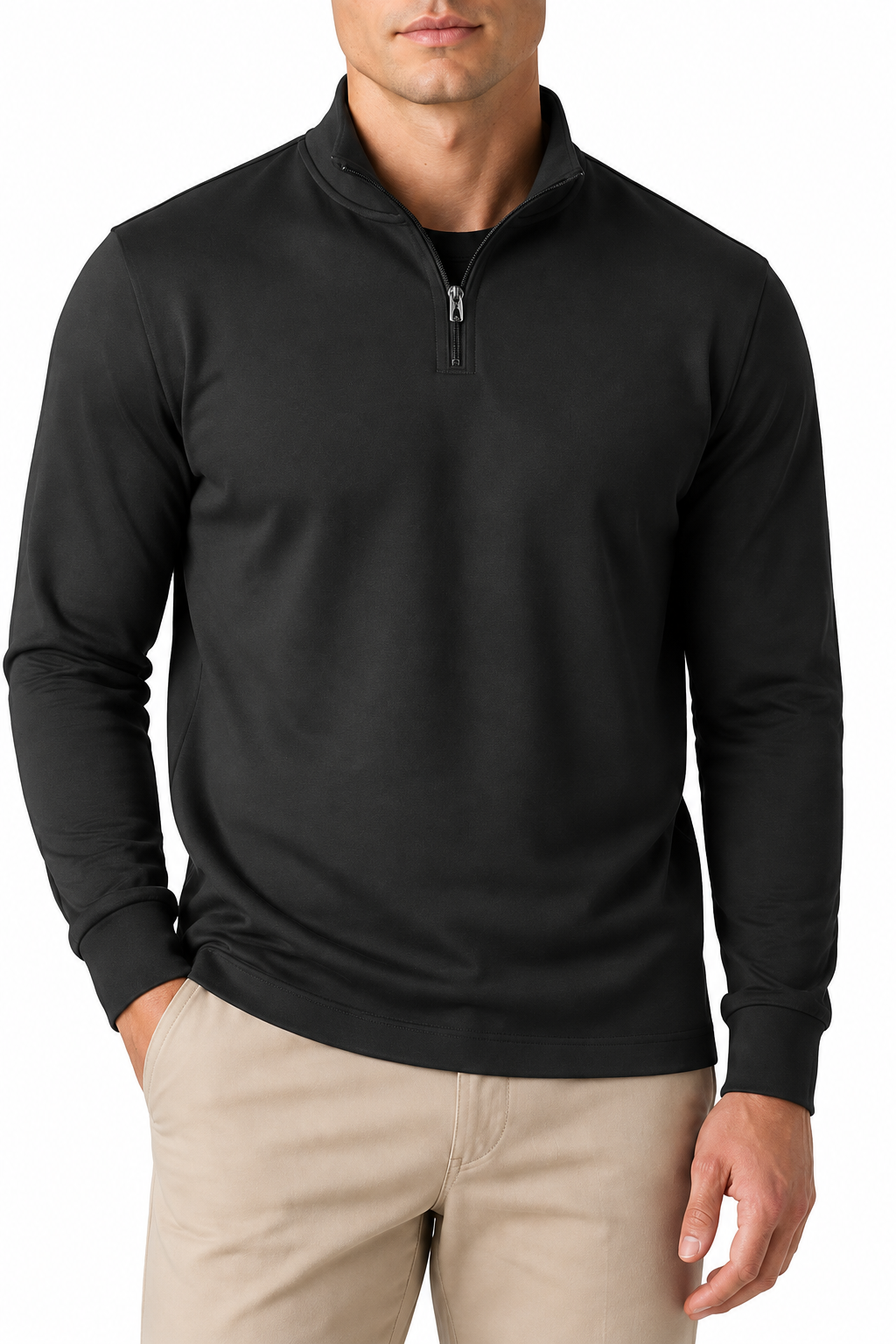Ventorino Men's Polo Shirt Performance Fabric Quarter Zip | Ventorino in Black — garment and fabric detail