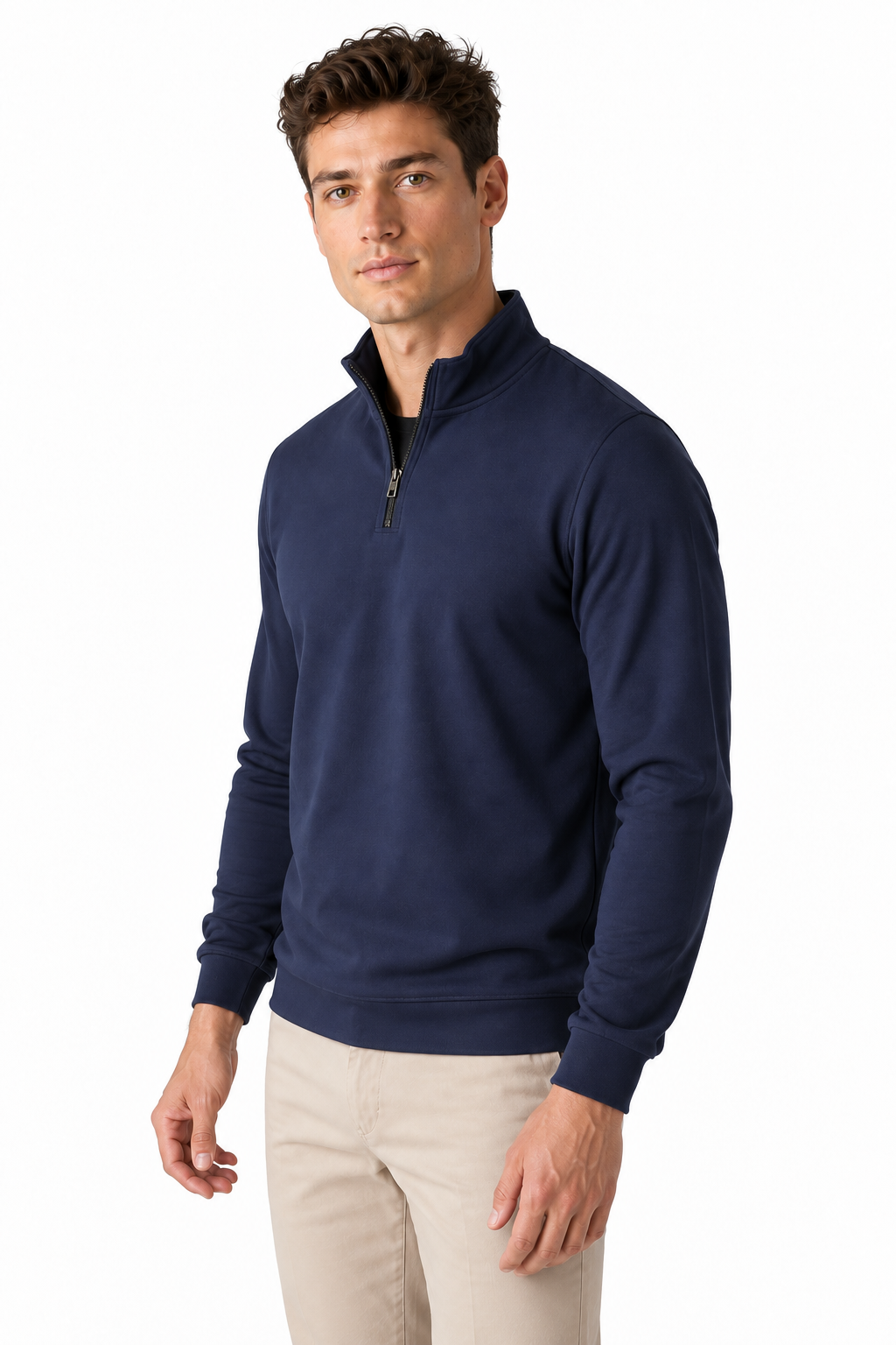 Ventorino Men's Polo Shirt Performance Fabric Quarter Zip | Ventorino in Navy Blue — model three-quarter view