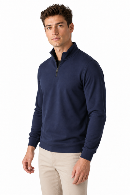 Ventorino Men's Polo Shirt Performance Fabric Quarter Zip | Ventorino in Navy Blue — model three-quarter view