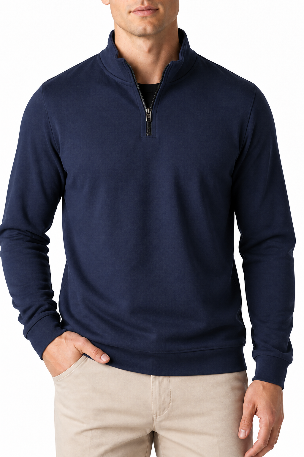 Ventorino Men's Polo Shirt Performance Fabric Quarter Zip | Ventorino in Navy Blue — garment and fabric detail