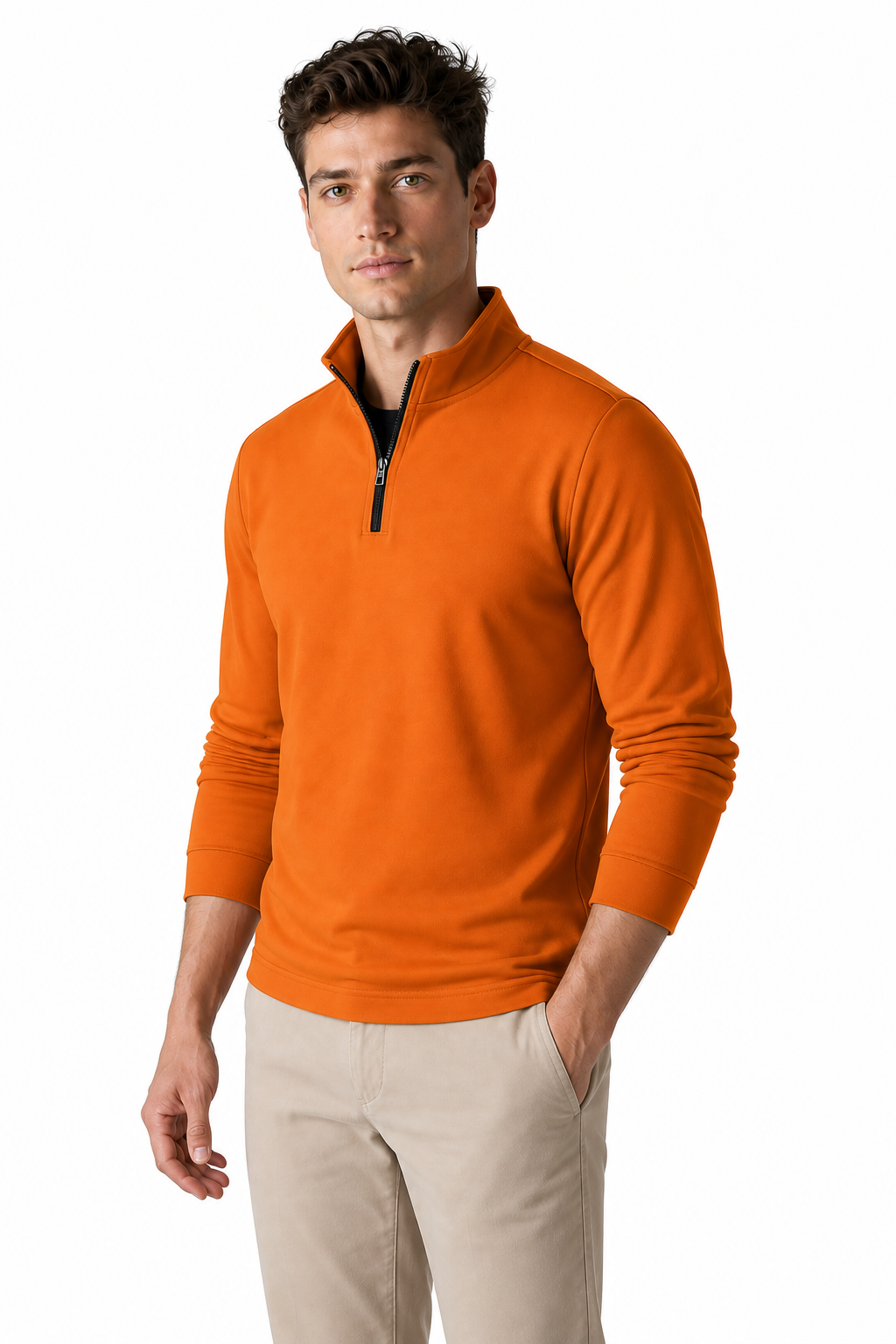 Ventorino Men's Polo Shirt Performance Fabric Quarter Zip | Ventorino in Orange — model three-quarter view
