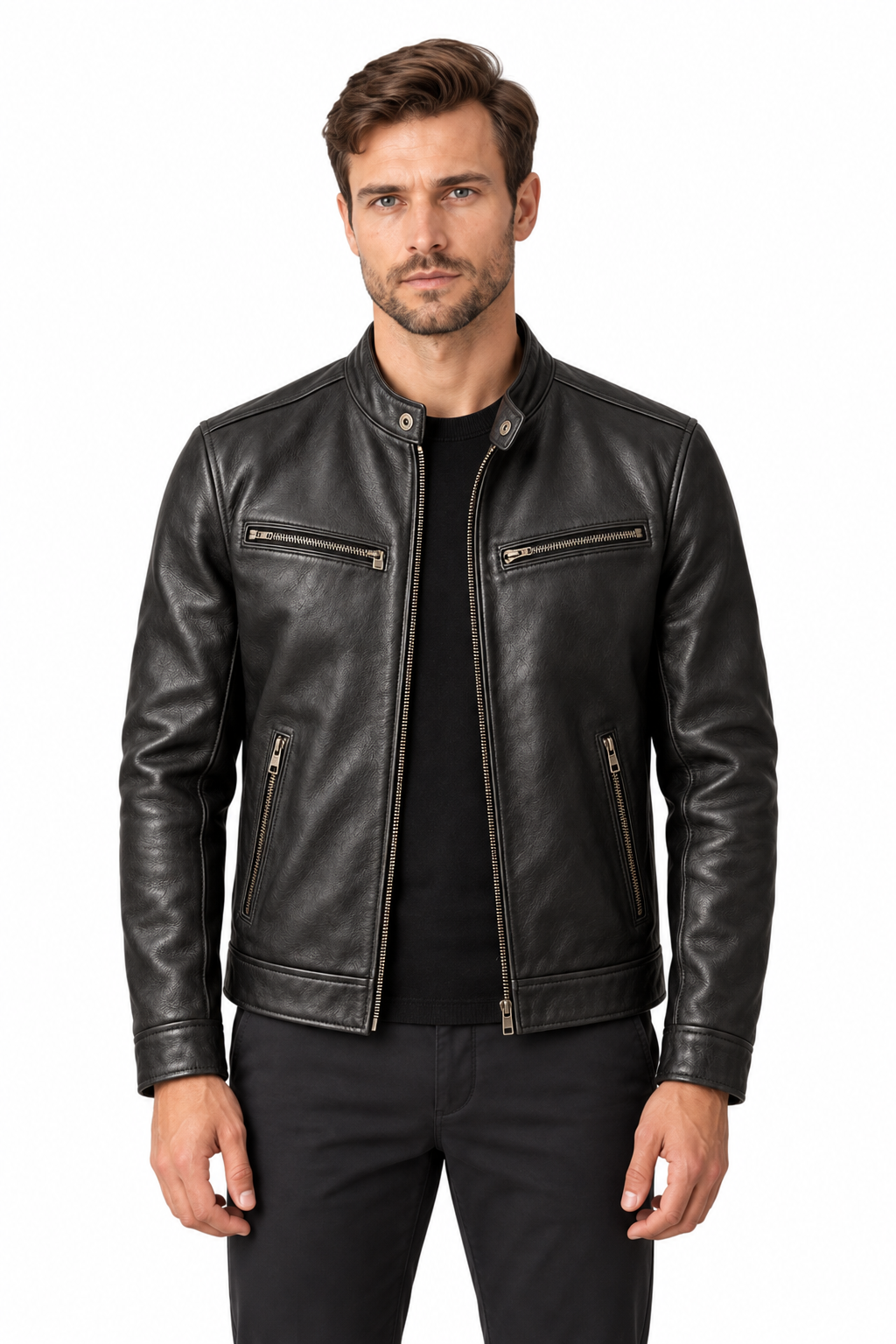 Men's Leather Jacket Vintage Finish Four-Pocket Design in Black – front persona view | Ventorino