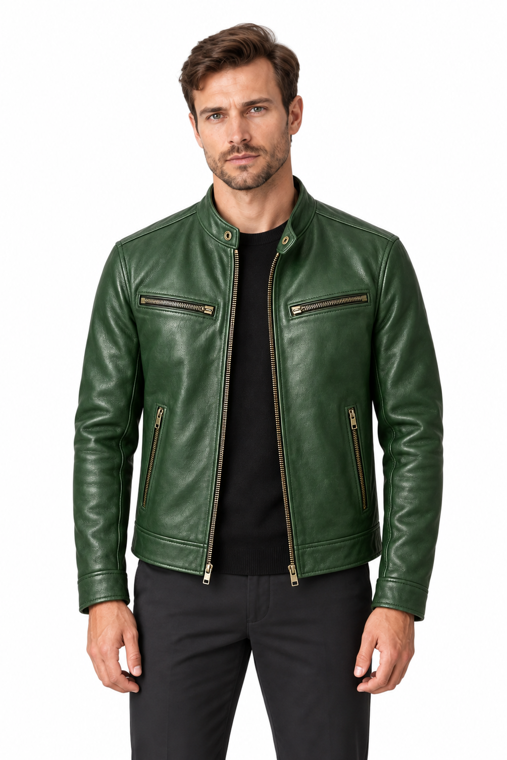 Men's Leather Jacket Vintage Finish Four-Pocket Design in Green – front persona view | Ventorino