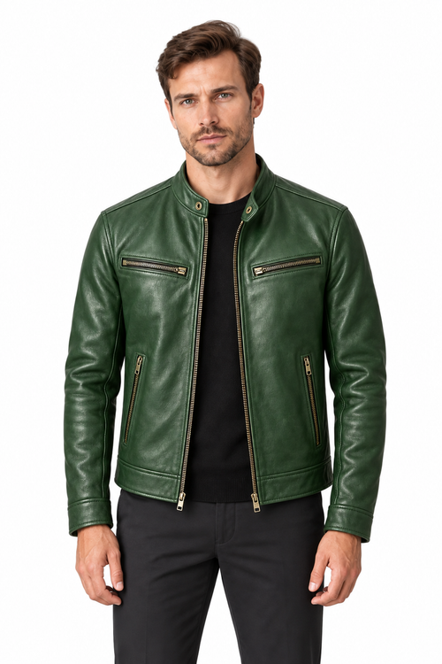 Men's Leather Jacket Vintage Finish Four-Pocket Design in Green – front persona view | Ventorino