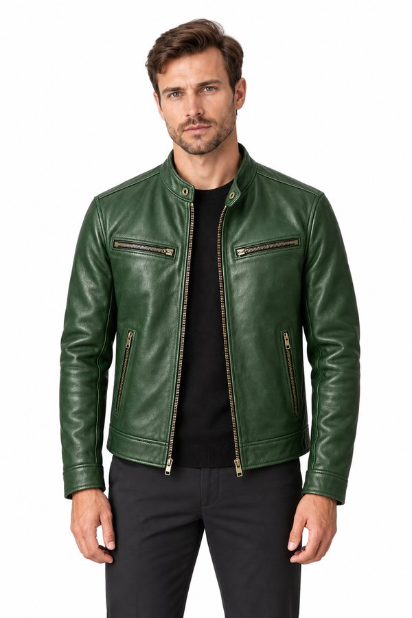 Men's Leather Jacket Vintage Finish Four-Pocket Design in Green – front persona view | Ventorino