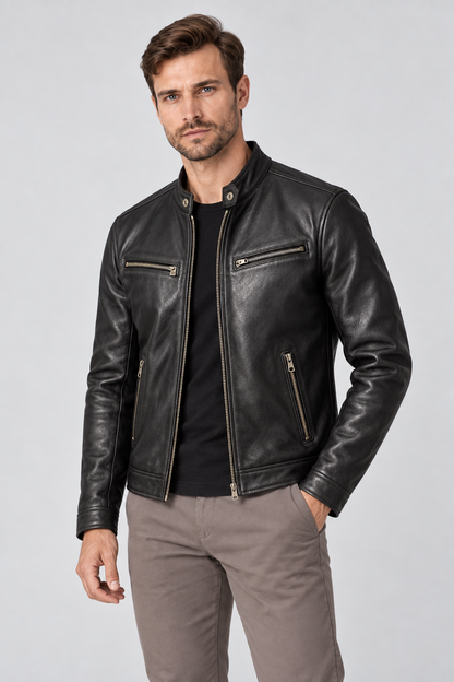 Men's Leather Jacket Vintage Finish Four-Pocket Design in Black – close detail view | Ventorino