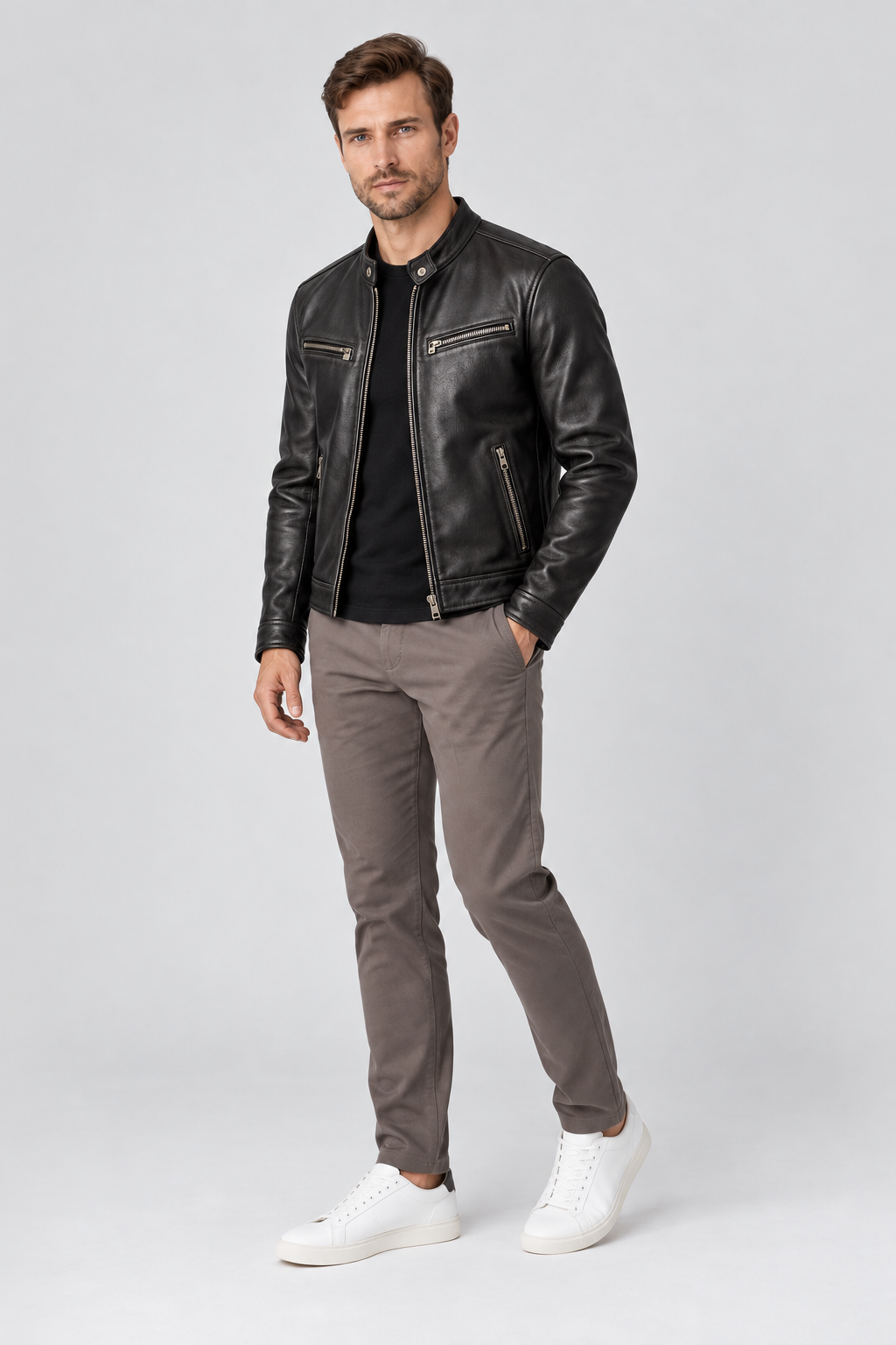 Men's Leather Jacket Vintage Finish Four-Pocket Design in Black – full-body view | Ventorino