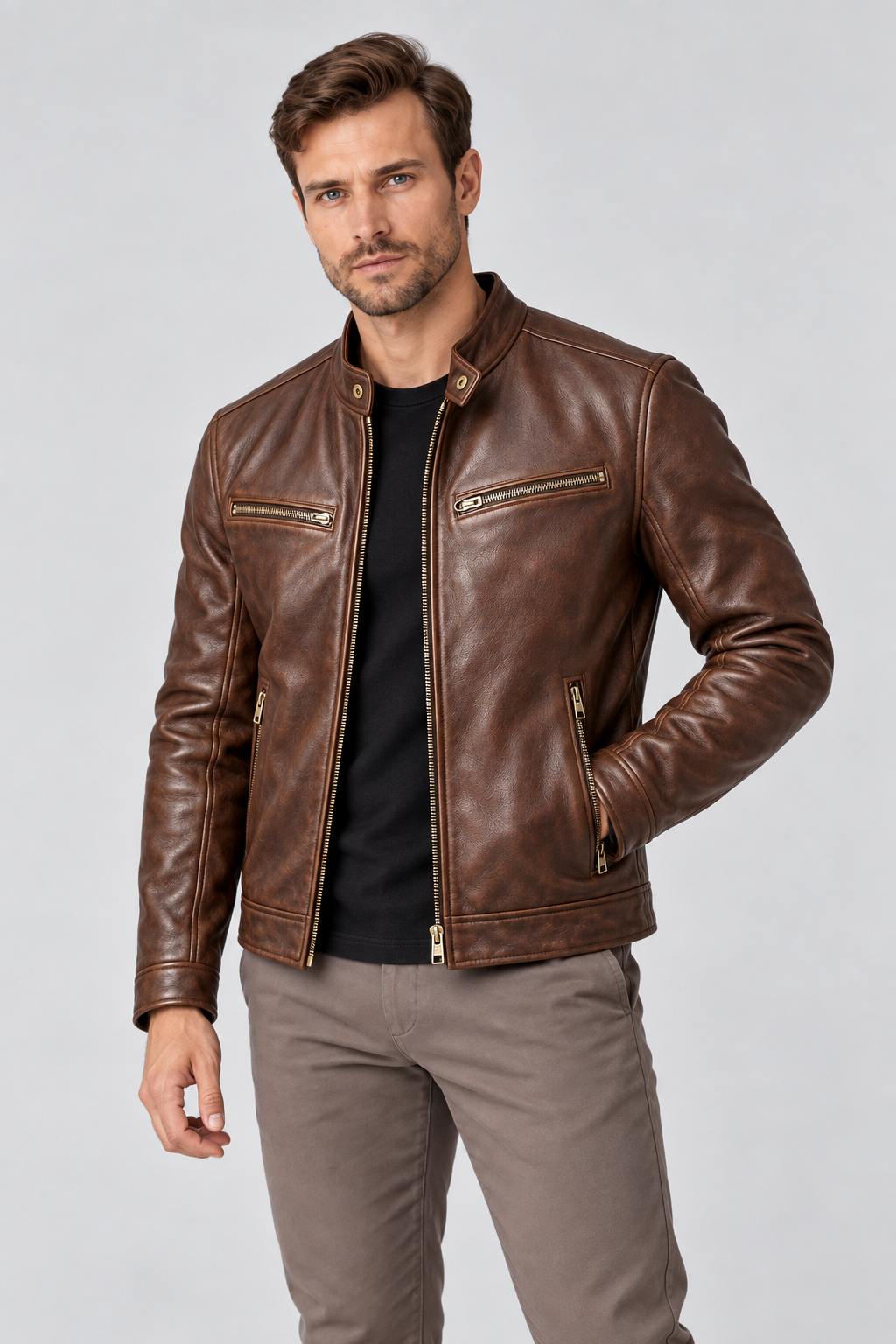 Men's Leather Jacket Vintage Finish Four-Pocket Design in Brown – close detail view | Ventorino