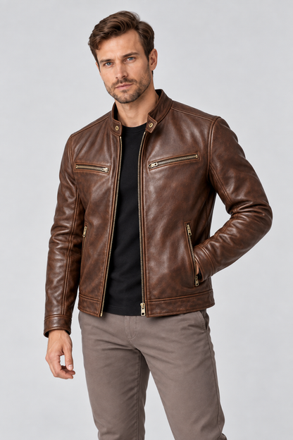 Men's Leather Jacket Vintage Finish Four-Pocket Design in Brown – close detail view | Ventorino