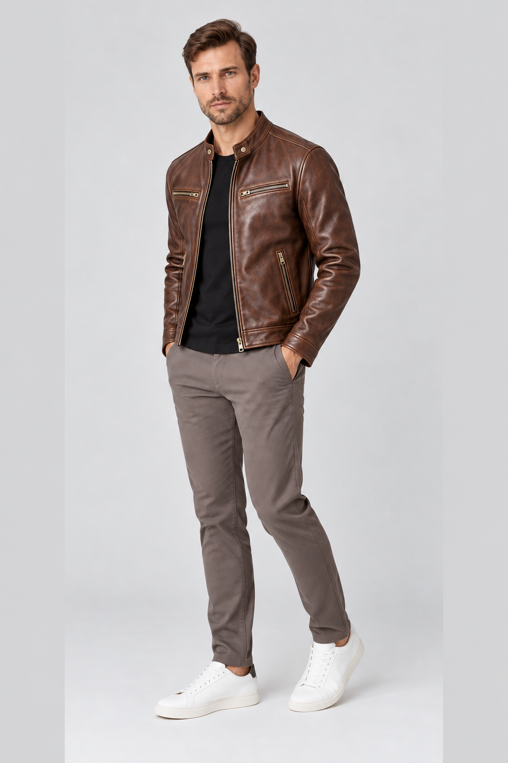 Men's Leather Jacket Vintage Finish Four-Pocket Design in Brown – full-body view | Ventorino