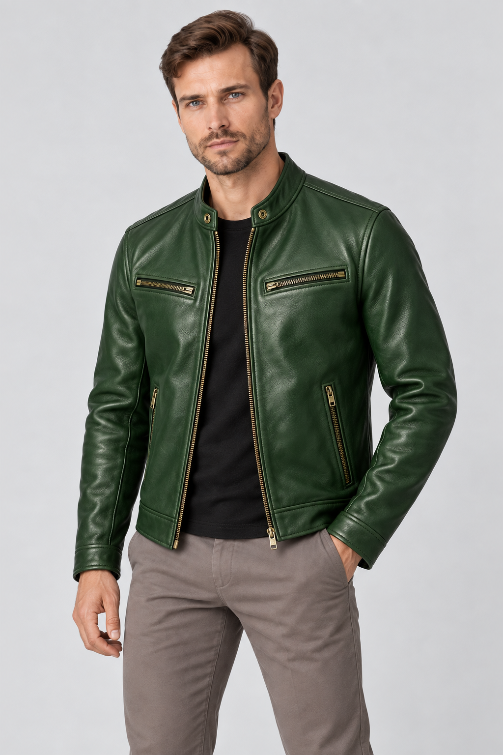 Men's Leather Jacket Vintage Finish Four-Pocket Design in Green – close detail view | Ventorino