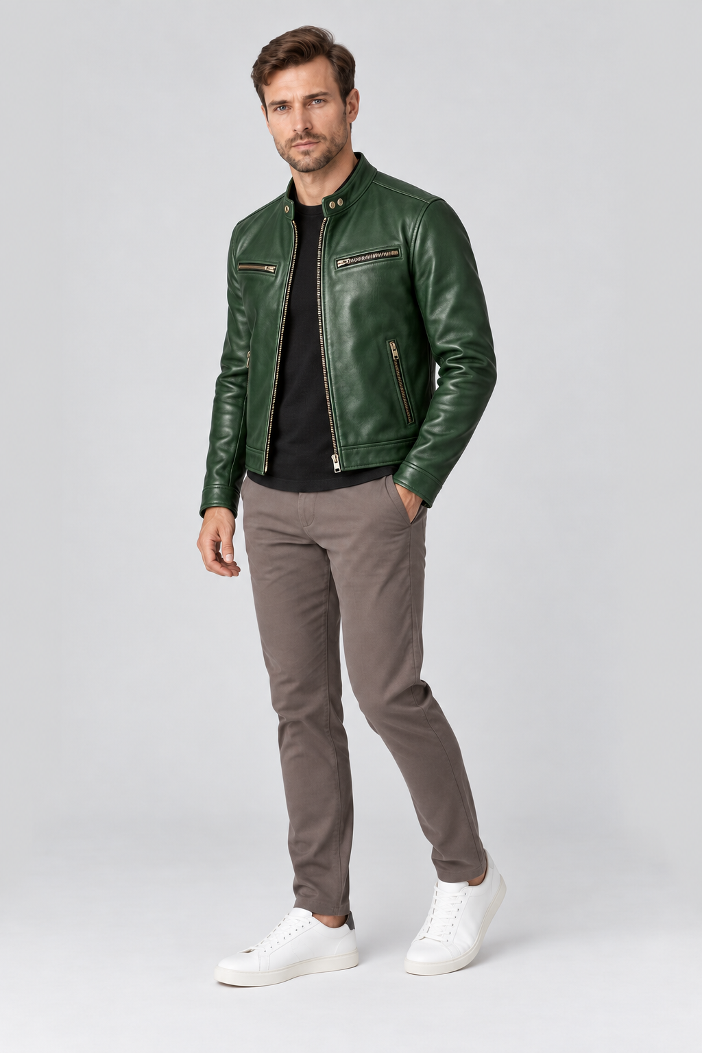 Men's Leather Jacket Vintage Finish Four-Pocket Design in Green – full-body view | Ventorino