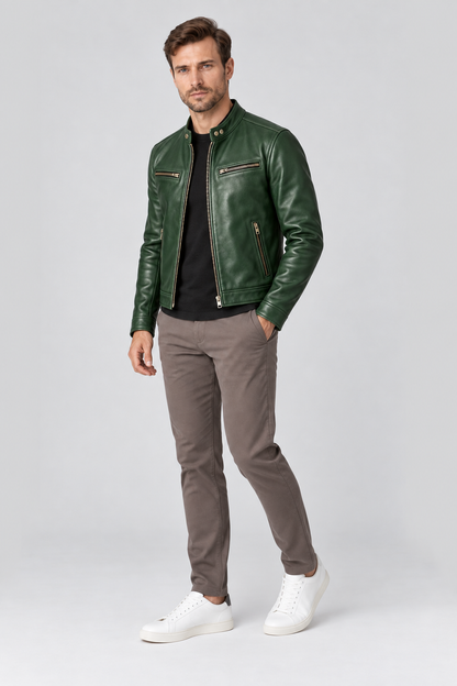 Men's Leather Jacket Vintage Finish Four-Pocket Design in Green – full-body view | Ventorino