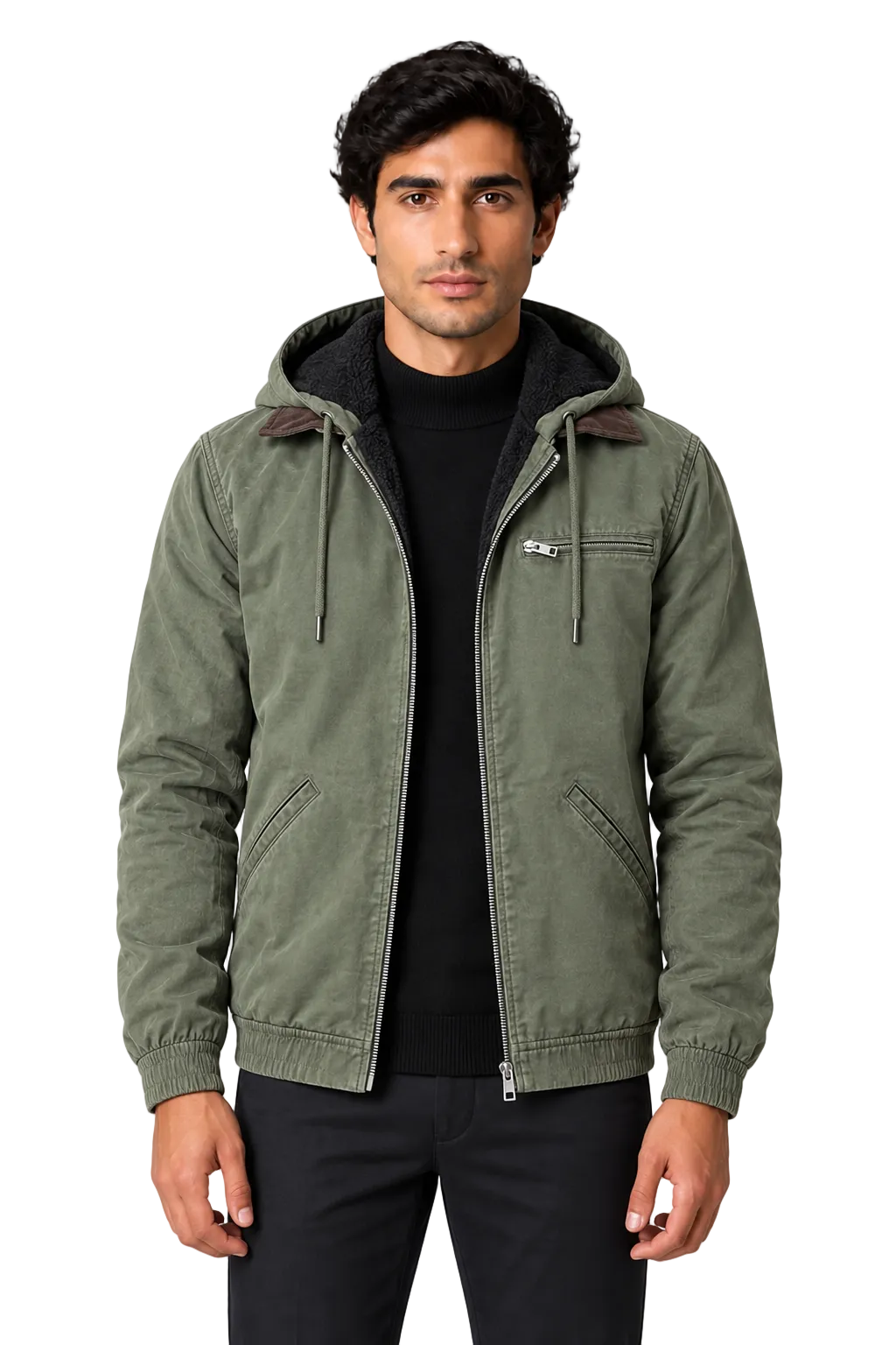 Men's Winter Jacket Fleece Lining Protective Hood in Army Green – front persona view | Ventorino