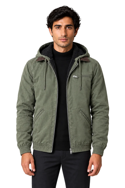 Men's Winter Jacket Fleece Lining Protective Hood in Army Green – front persona view | Ventorino