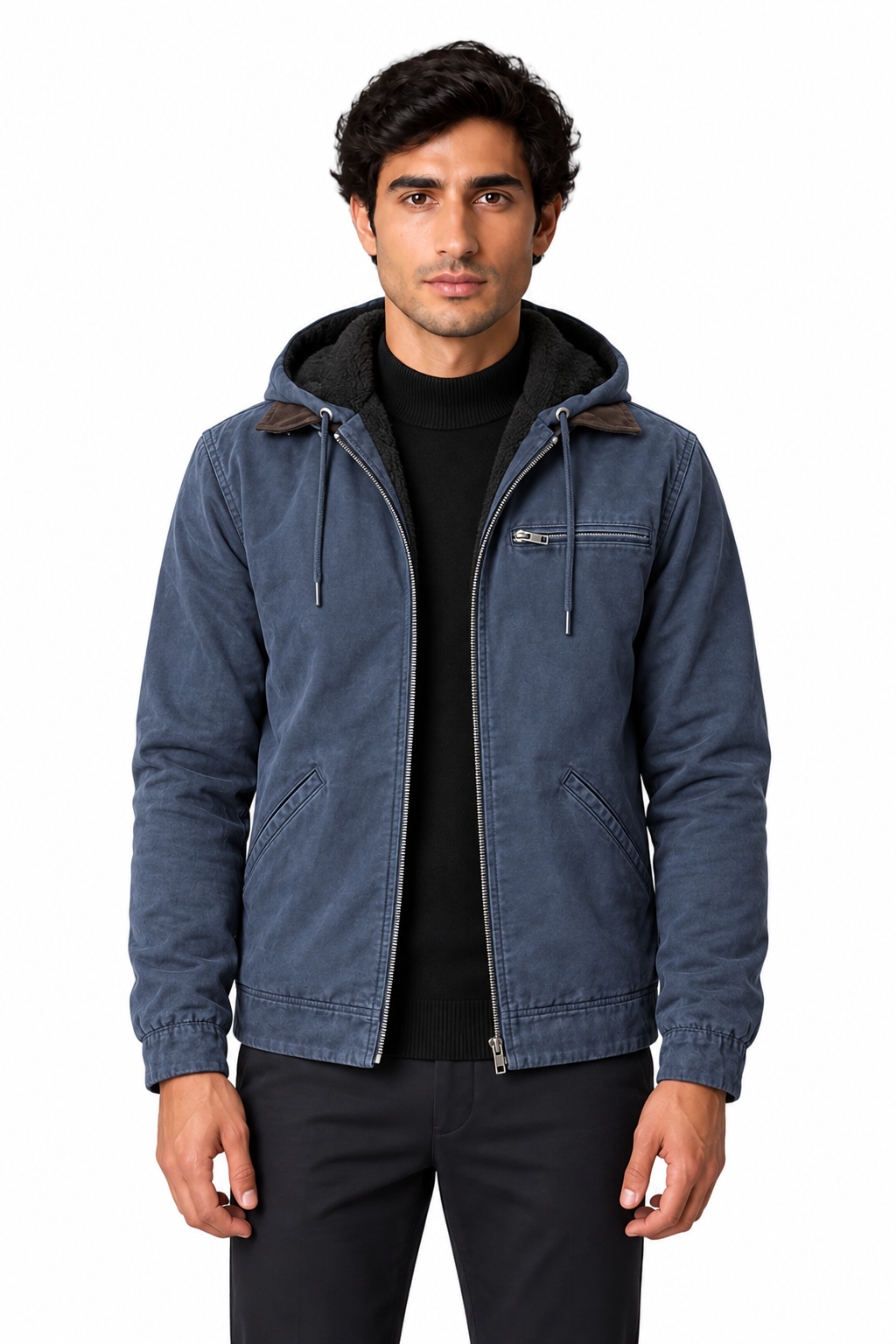 Men's Winter Jacket Fleece Lining Protective Hood in Blue – front persona view | Ventorino