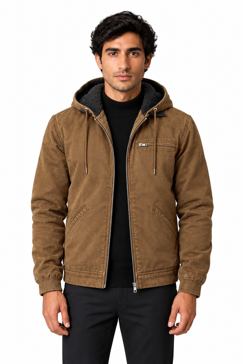 Men's Winter Jacket Fleece Lining Protective Hood in Brown – front persona view | Ventorino