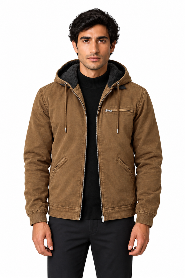 Men's Winter Jacket Fleece Lining Protective Hood in Brown – front persona view | Ventorino