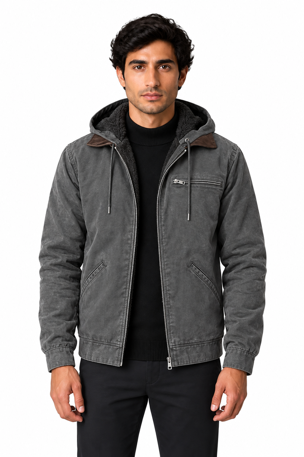 Men's Winter Jacket Fleece Lining Protective Hood in Gray – front persona view | Ventorino