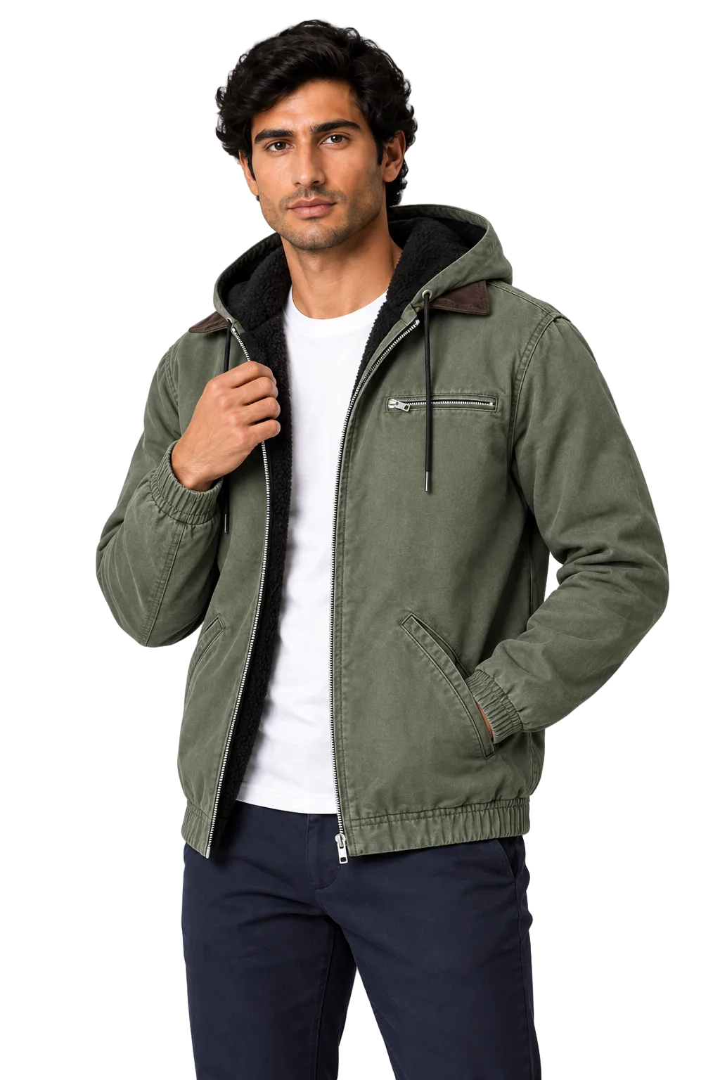 Men's Winter Jacket Fleece Lining Protective Hood in Army Green – close detail view | Ventorino