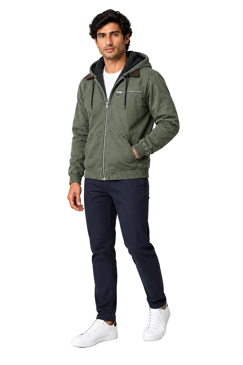 Men's Winter Jacket Fleece Lining Protective Hood in Army Green – full-body view | Ventorino