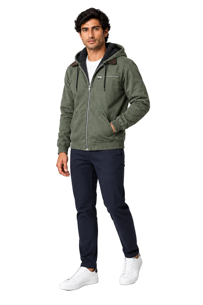 Men's Winter Jacket Fleece Lining Protective Hood in Army Green – full-body view | Ventorino