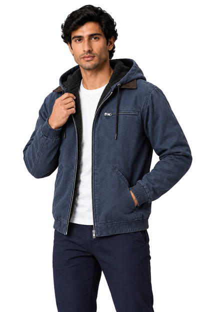 Men's Winter Jacket Fleece Lining Protective Hood in Blue – close detail view | Ventorino
