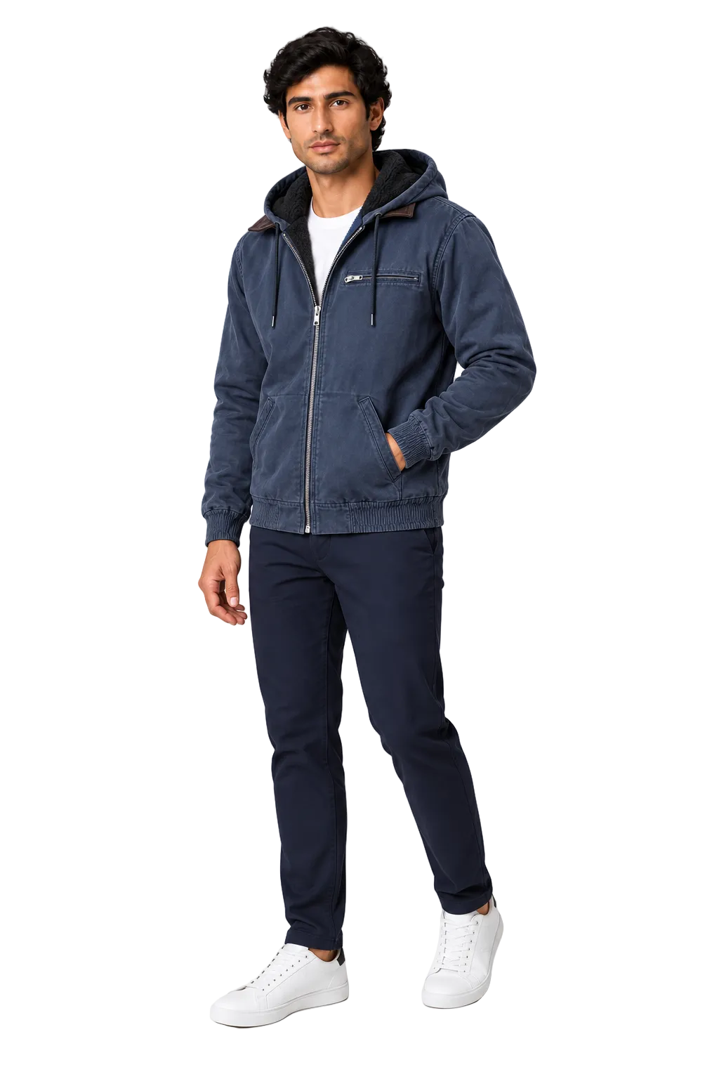 Men's Winter Jacket Fleece Lining Protective Hood in Blue – full-body view | Ventorino