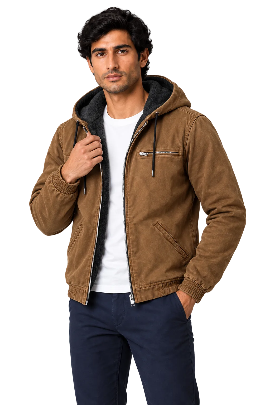 Men's Winter Jacket Fleece Lining Protective Hood in Brown – close detail view | Ventorino