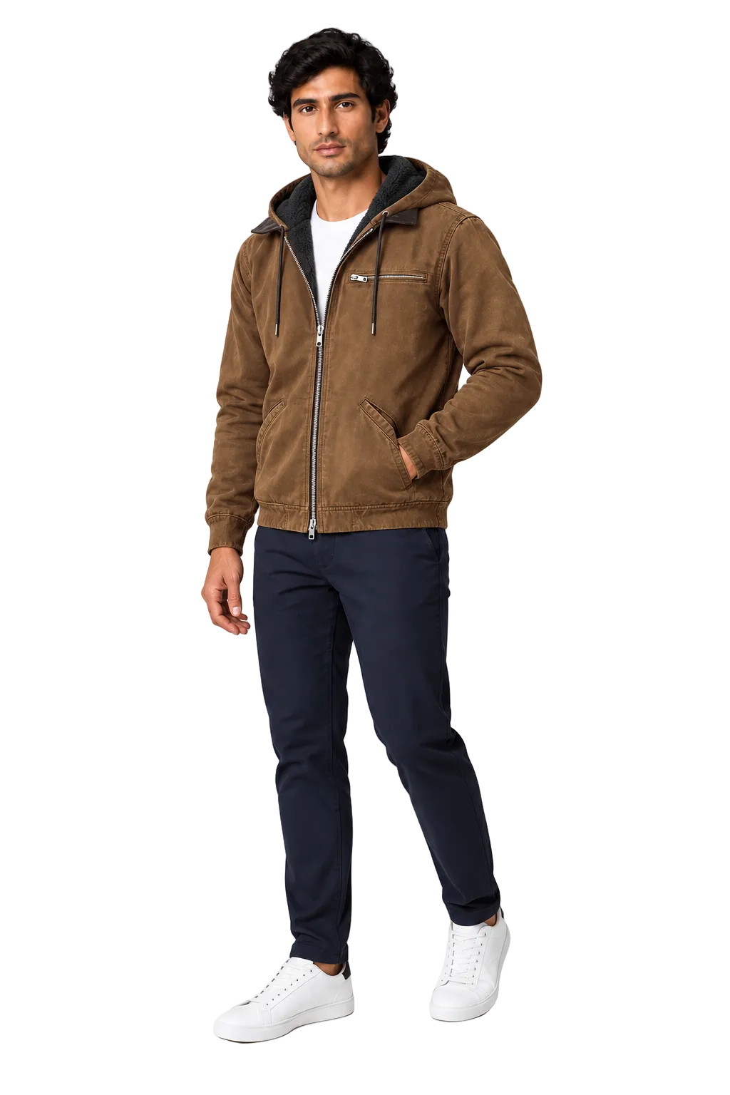 Men's Winter Jacket Fleece Lining Protective Hood in Brown – full-body view | Ventorino
