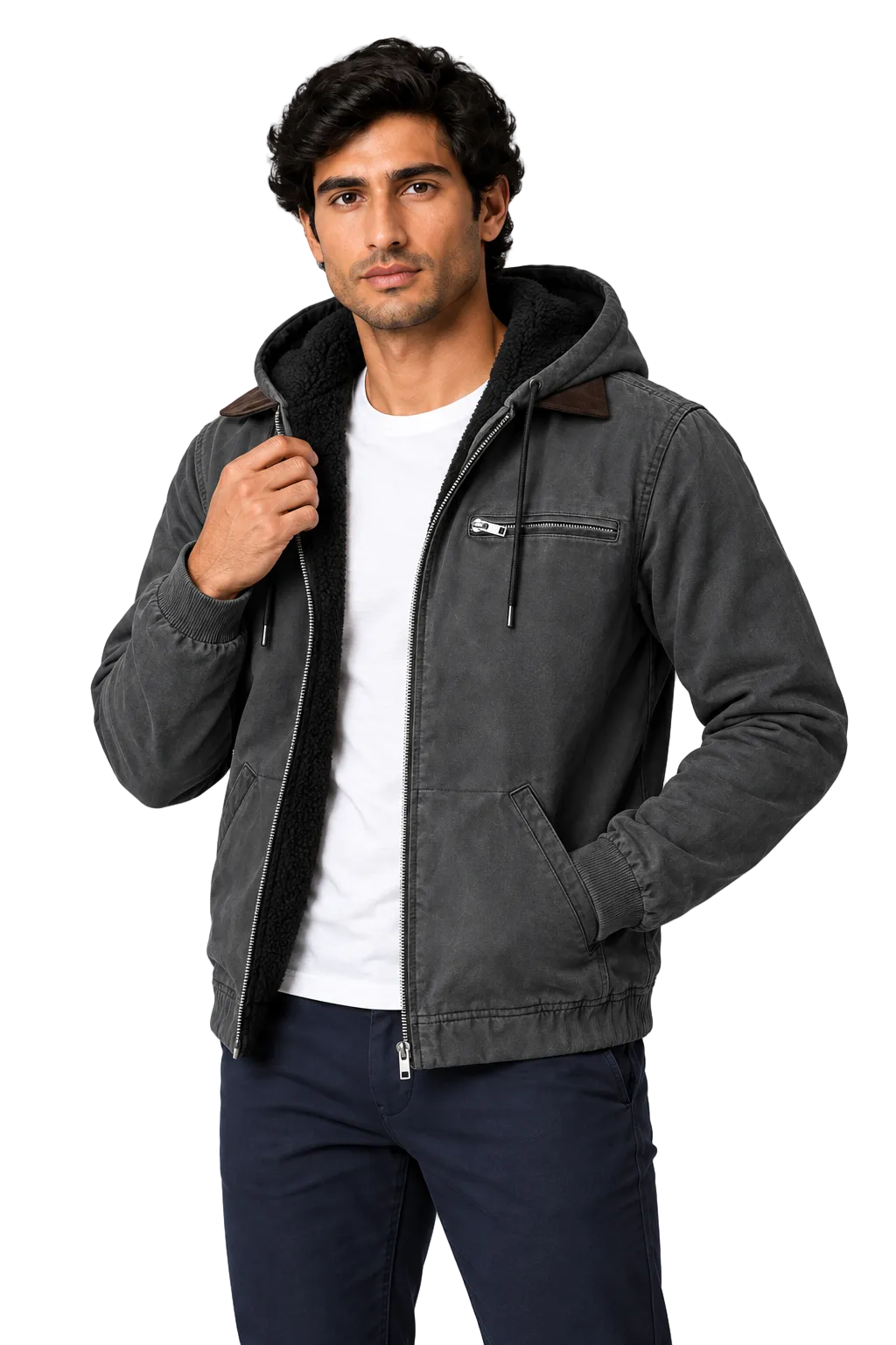 Men's Winter Jacket Fleece Lining Protective Hood in Gray – close detail view | Ventorino