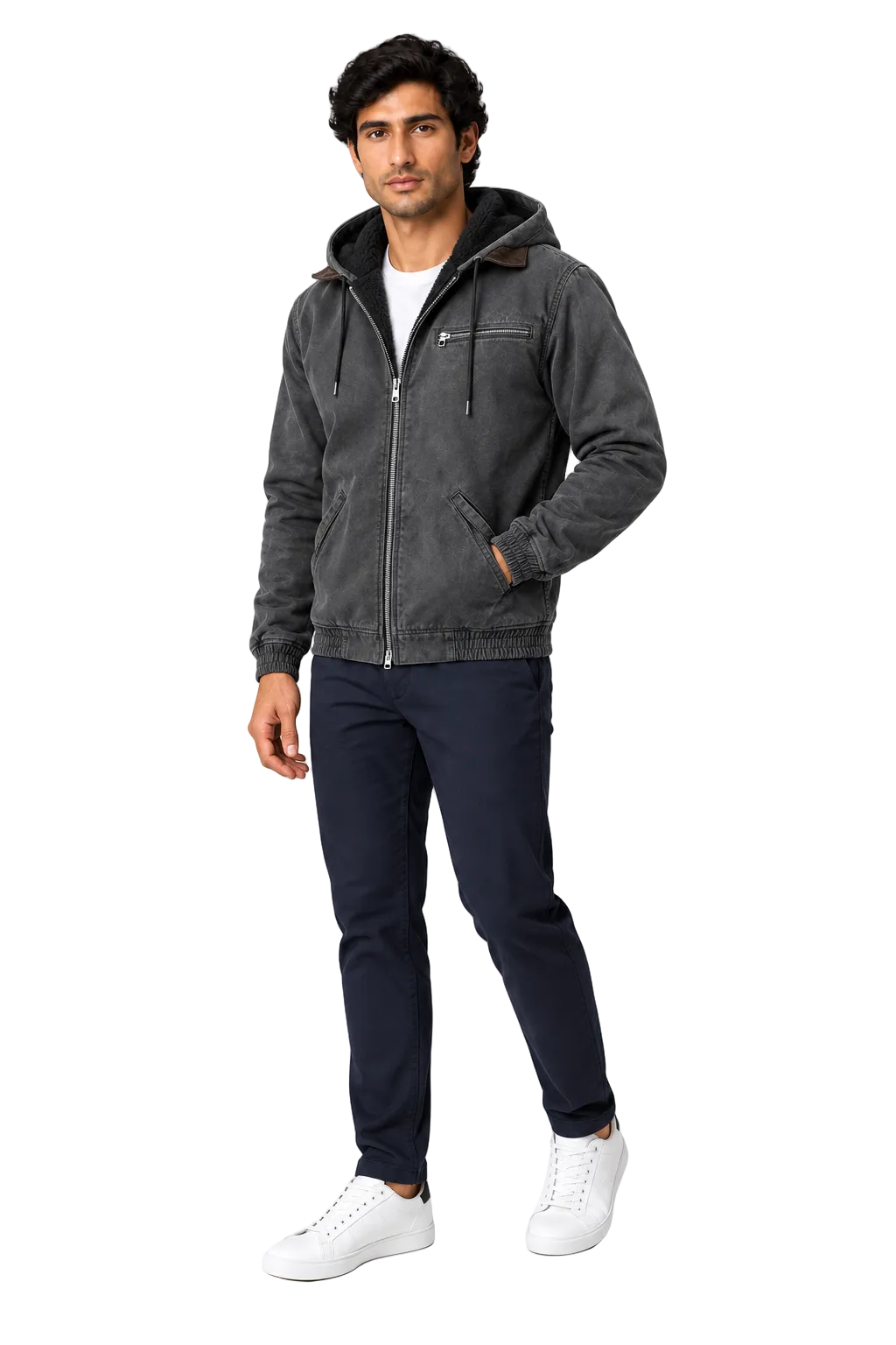 Men's Winter Jacket Fleece Lining Protective Hood in Gray – full-body view | Ventorino
