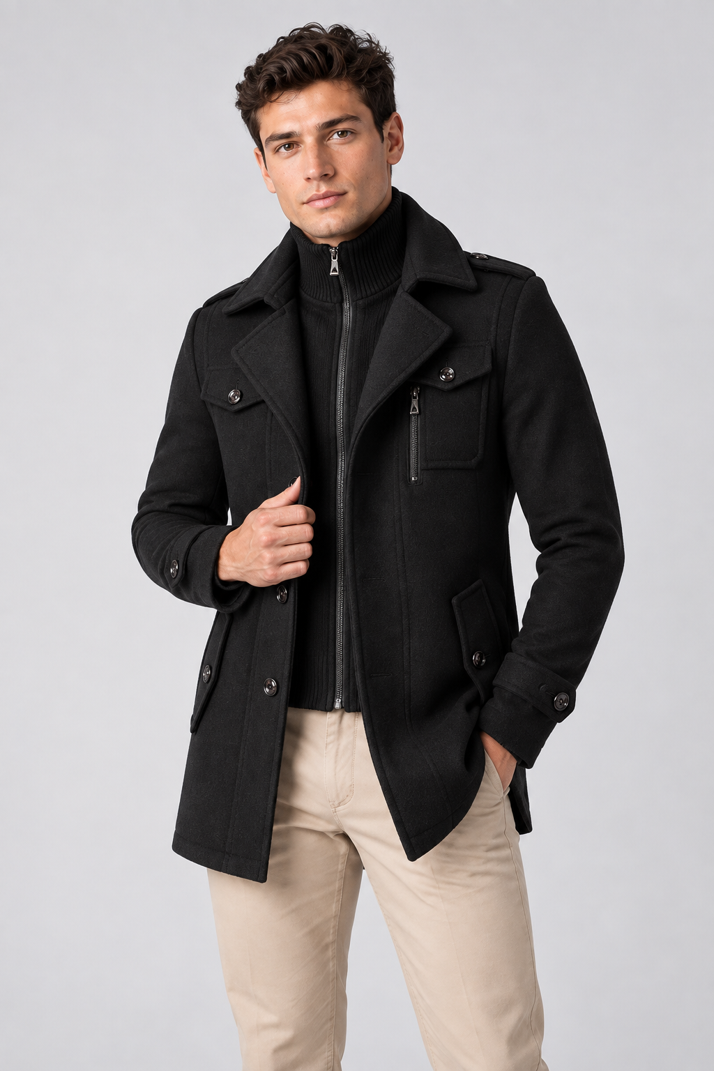 Men's Wool-Blend Coat Layered Collar Tailored Fit in Black – close detail view | Ventorino