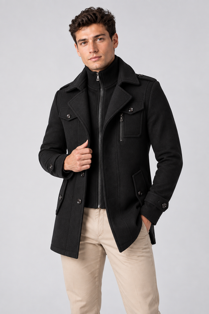 Men's Wool-Blend Coat Layered Collar Tailored Fit in Black – close detail view | Ventorino