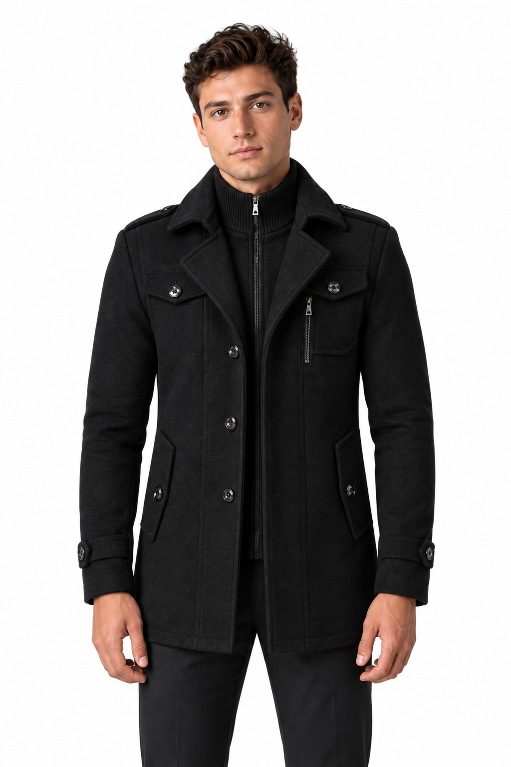 Men's Wool-Blend Coat Layered Collar Tailored Fit in Black – front persona view | Ventorino