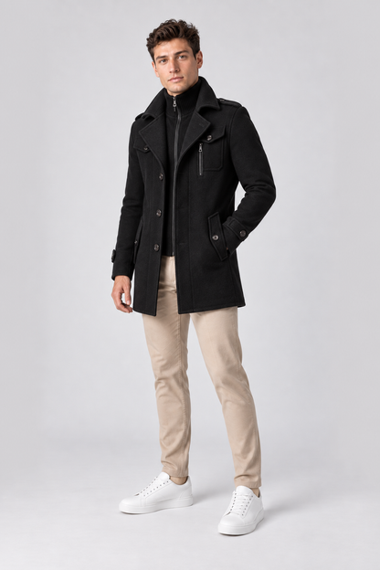 Men's Wool-Blend Coat Layered Collar Tailored Fit in Black – full-body view | Ventorino