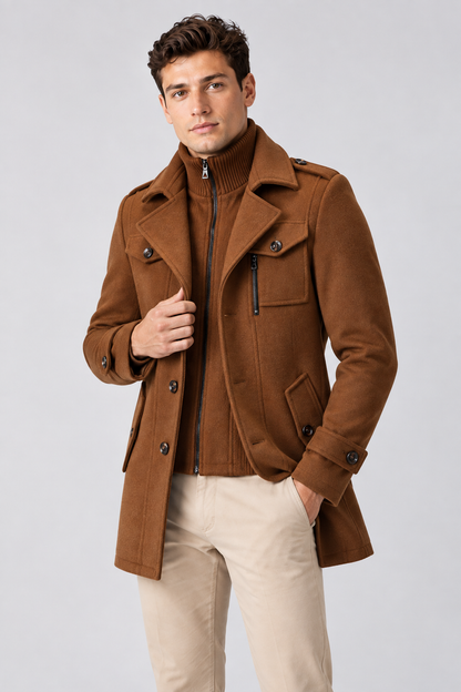 Men's Wool-Blend Coat Layered Collar Tailored Fit in Brown – close detail view | Ventorino