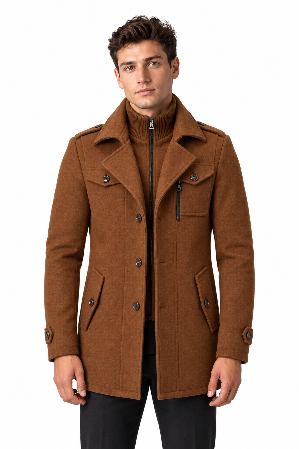 Men's Wool-Blend Coat Layered Collar Tailored Fit in Brown – front persona view | Ventorino