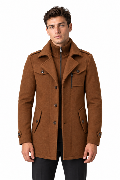Men's Wool-Blend Coat Layered Collar Tailored Fit in Brown – front persona view | Ventorino