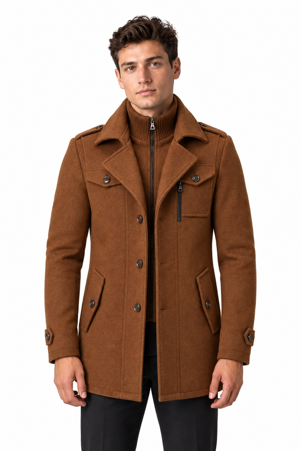 Men's Wool-Blend Coat Layered Collar Tailored Fit in Brown – front persona view | Ventorino